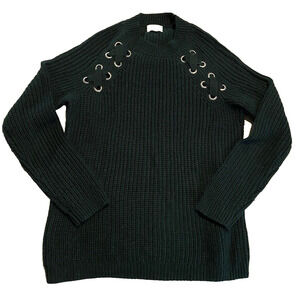 Hippie Rose Womens Sweater Small Green Ribbon Ties Pullover Fisherman Turtleneck